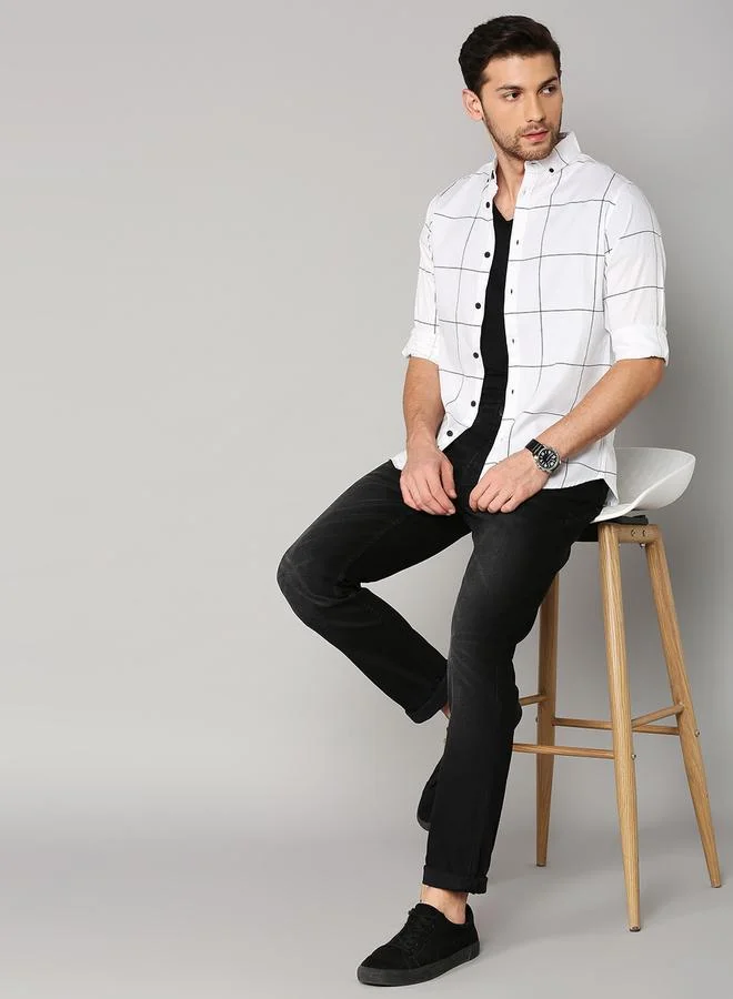 Dennis Lingo Slim Fit White Men's Solid Shirt, Spread Collar, Full Sleeves, 100% Cotton,