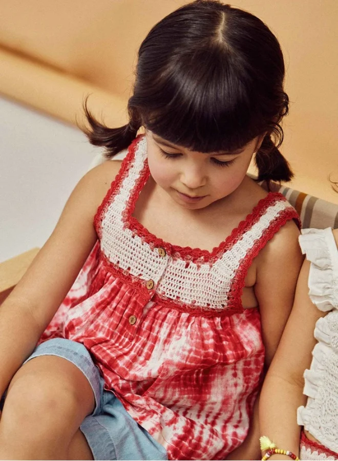 زيبي Top with Crochet for Girls, Red/White