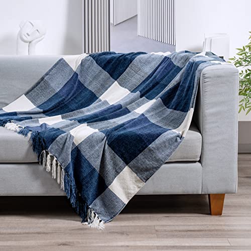 RECYCO Buffalo Paid Chenille Throw Blanket for Couch, Soft Cozy Decorative Buffalo Check Blanket Throw with Tassels for Bed Sofa, Lightweight Chenille Knitted Throw, Plaid Navy Off White, 50'' x 60'' - Image 2