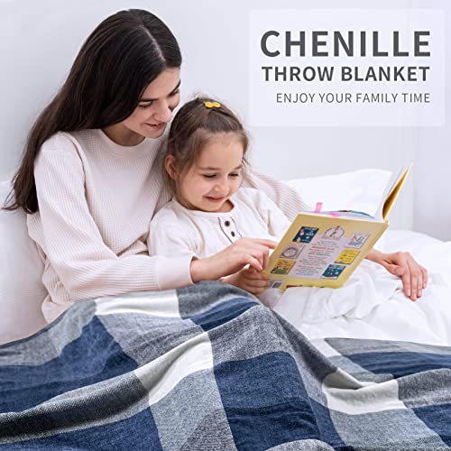 RECYCO Buffalo Paid Chenille Throw Blanket for Couch, Soft Cozy Decorative Buffalo Check Blanket Throw with Tassels for Bed Sofa, Lightweight Chenille Knitted Throw, Plaid Navy Off White, 50'' x 60'' - Image 3