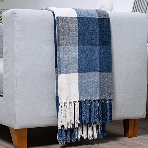 RECYCO Buffalo Paid Chenille Throw Blanket for Couch, Soft Cozy Decorative Buffalo Check Blanket Throw with Tassels for Bed Sofa, Lightweight Chenille Knitted Throw, Plaid Navy Off White, 50'' x 60'' - Image 1