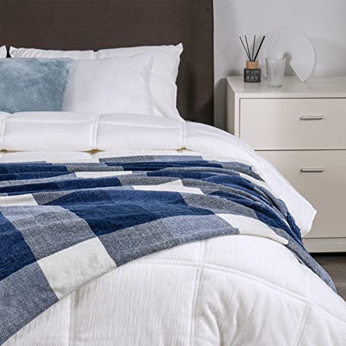 RECYCO Buffalo Paid Chenille Throw Blanket for Couch, Soft Cozy Decorative Buffalo Check Blanket Throw with Tassels for Bed Sofa, Lightweight Chenille Knitted Throw, Plaid Navy Off White, 50'' x 60'' - Image 4