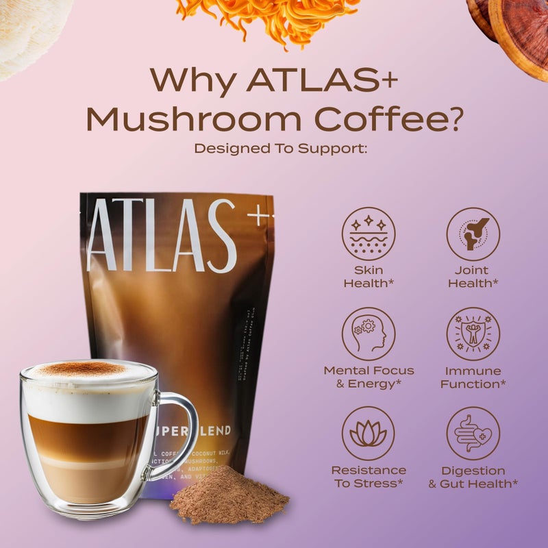 Atlas+ Latte Superblend- Premium Mushroom Coffee with Collagen, Probiotics, D3 & B12, Lion’s Mane, Reishi, Cordyceps, Coconut- for Energy, Focus, Immunity & Gut Health- 40 Servings (2 Bags) - Image 2