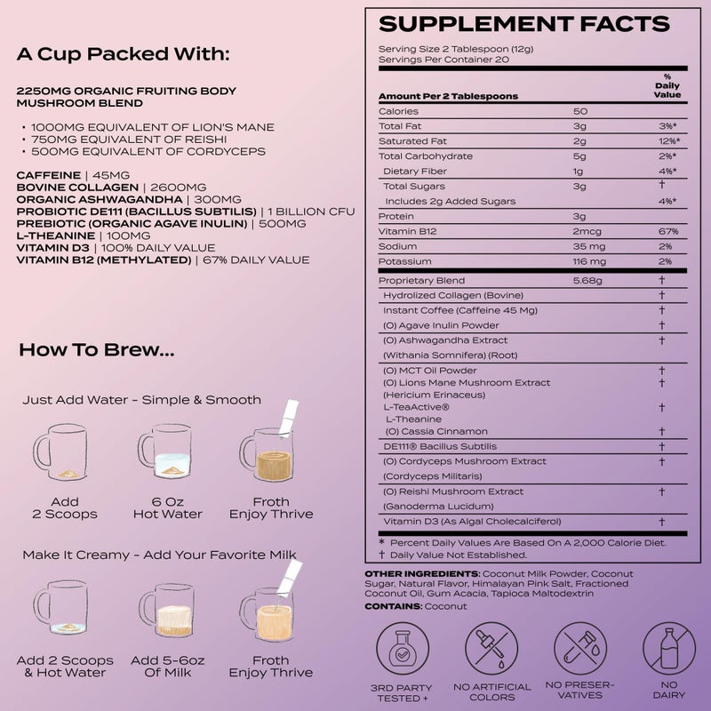 Atlas+ Latte Superblend- Premium Mushroom Coffee with Collagen, Probiotics, D3 & B12, Lion’s Mane, Reishi, Cordyceps, Coconut- for Energy, Focus, Immunity & Gut Health- 40 Servings (2 Bags) - Image 5