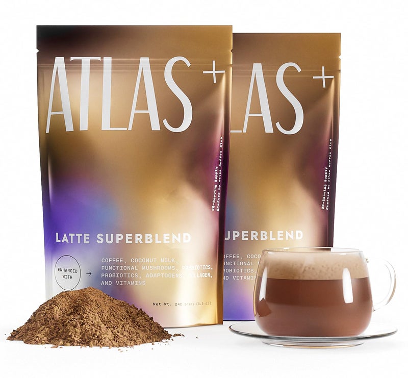 Atlas+ Latte Superblend- Premium Mushroom Coffee with Collagen, Probiotics, D3 & B12, Lion’s Mane, Reishi, Cordyceps, Coconut- for Energy, Focus, Immunity & Gut Health- 40 Servings (2 Bags) - Image 1