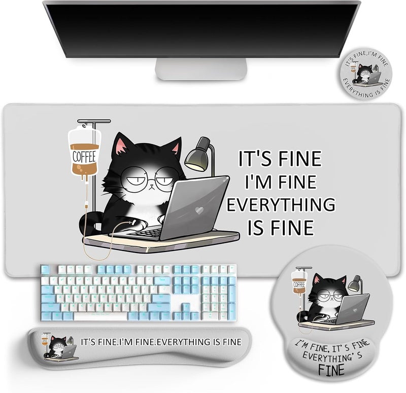 LIMKRIAN Cat Ergonomic Mouse Pad with Wrist Rest Desk Mat Sets Accessories, Cute Mouse Pads for Desk, Gaming Mouse Pad Wrist Support, Keyboard Mat Wrist Rest Cup Coaster Funny Office Desk Accessories - Image 1