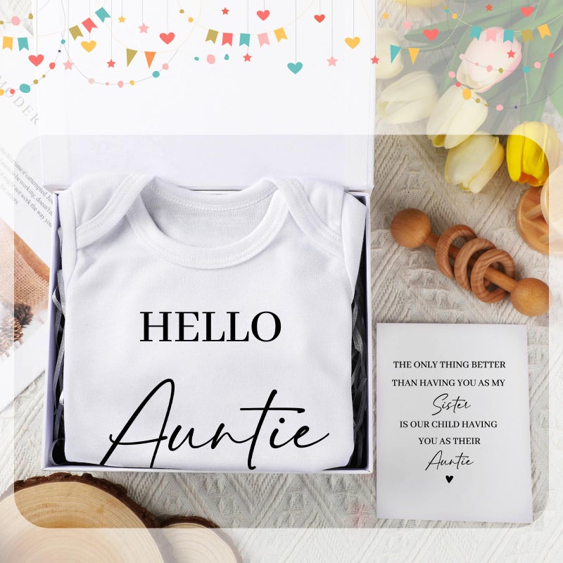 Shyyween 4 Pcs Pregnancy Announcement For Aunt  Hello Auntie Baby Bodysuit  Hello Auntie Pregnancy Reveal Card Baby Reveal Gift Box Baby Announcement Gifts Set For Aunt Women - Image 3