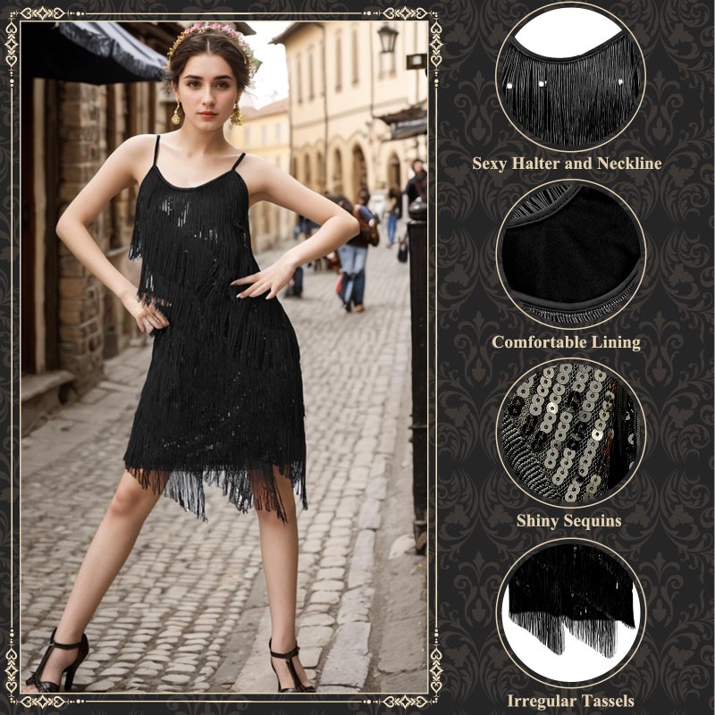 PLULON Women's 1920s Gatsby Sequin Fringed Vintage Flapper Dress Cocktail Party Dress with 20s Accessories Costume Set for Evening Prom (Black - Image 3