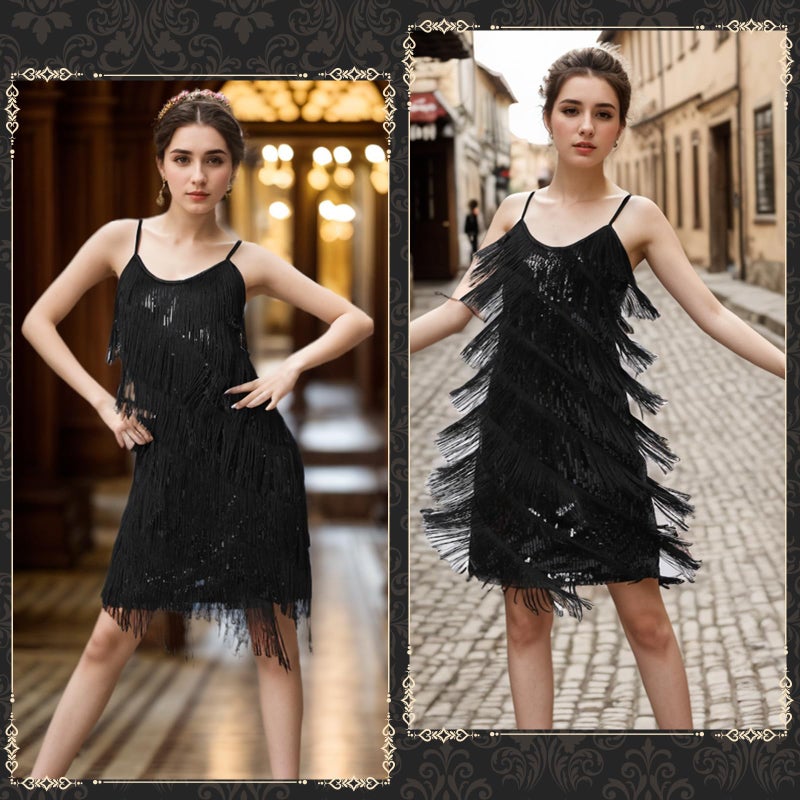 PLULON Women's 1920s Gatsby Sequin Fringed Vintage Flapper Dress Cocktail Party Dress with 20s Accessories Costume Set for Evening Prom (Black - Image 4