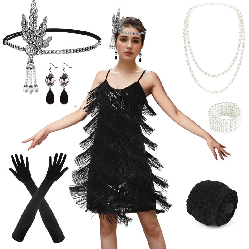 PLULON Women's 1920s Gatsby Sequin Fringed Vintage Flapper Dress Cocktail Party Dress with 20s Accessories Costume Set for Evening Prom (Black - Image 1