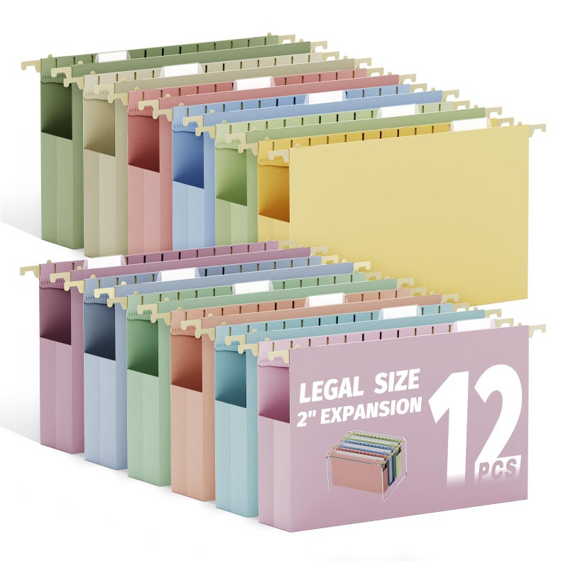 Ansook Legal Size Hanging File Folders Extra Capacity, Heavy Duty 2 Inch Expansion Plastic File Folders Hanging with Tabs,12 Pack Pastel File Cabinet Folders, Expandable Hanging File Folder Organizer - Image 1