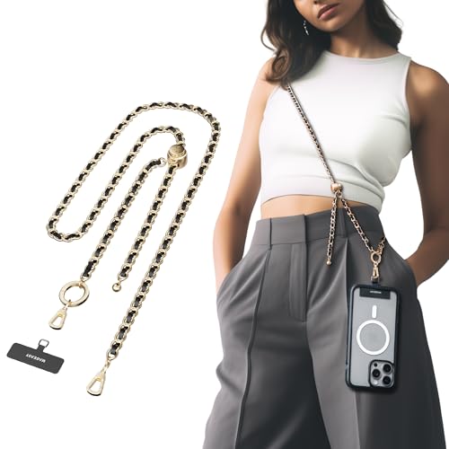 MAGEASY Cell Phone Chain Lanyard Crossbody with Tether Tab Attachment Clip Metal Leather Strap with 360 Rotatable Buckle Adjustable Length Chic RustProof Strap for iPhone Classic Gold - Image 1