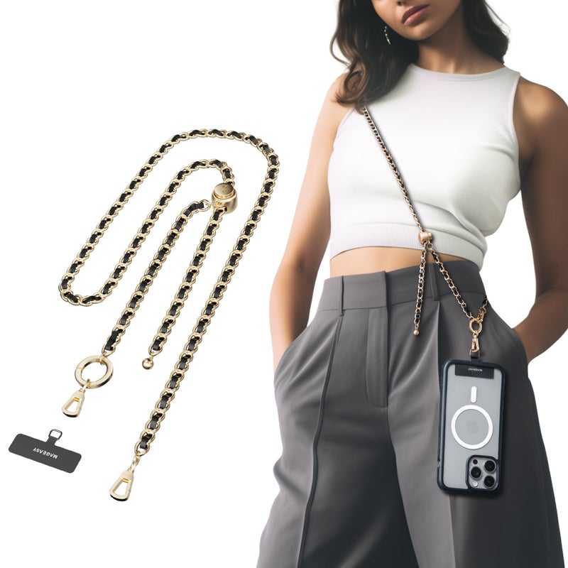 MAGEASY Cell Phone Chain Lanyard Crossbody with Tether Tab Attachment Clip Metal Leather Strap with 360 Rotatable Buckle Adjustable Length Chic RustProof Strap for iPhone Classic Gold - Image 2