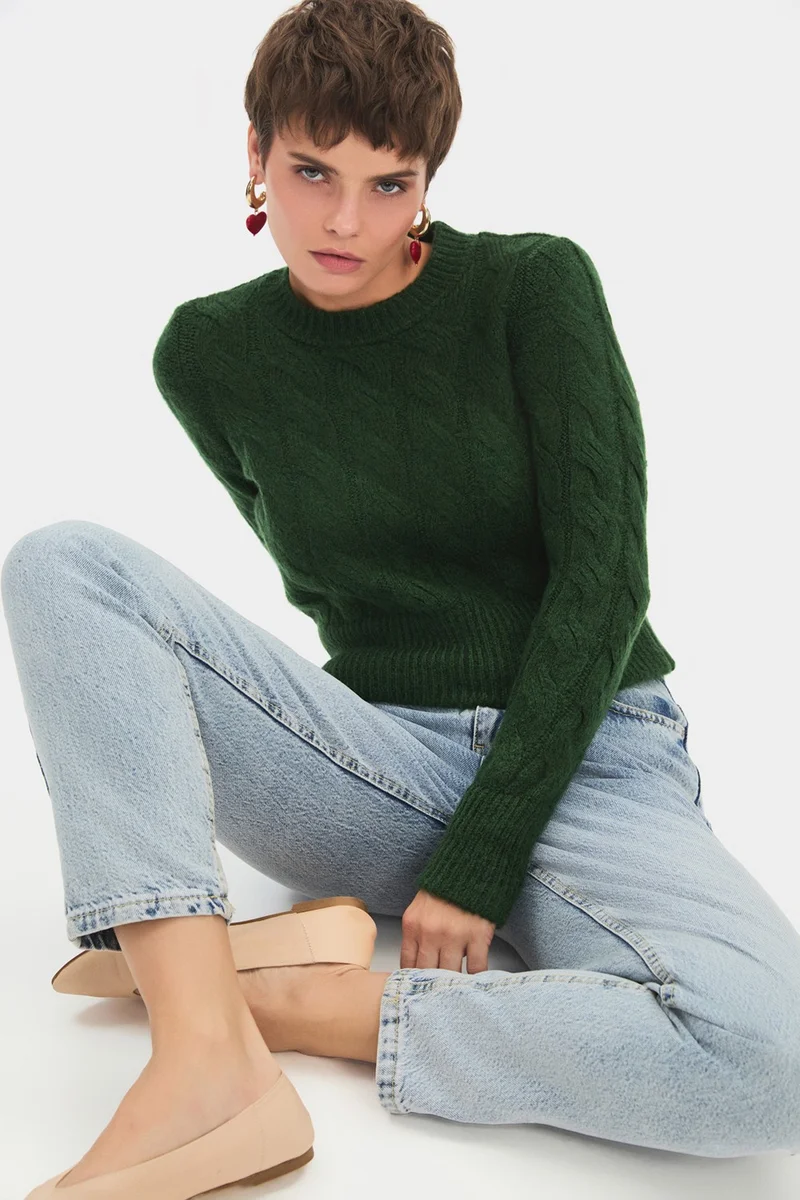 جون Women's Crew Neck Hair Knit Detailed Knitwear Sweater