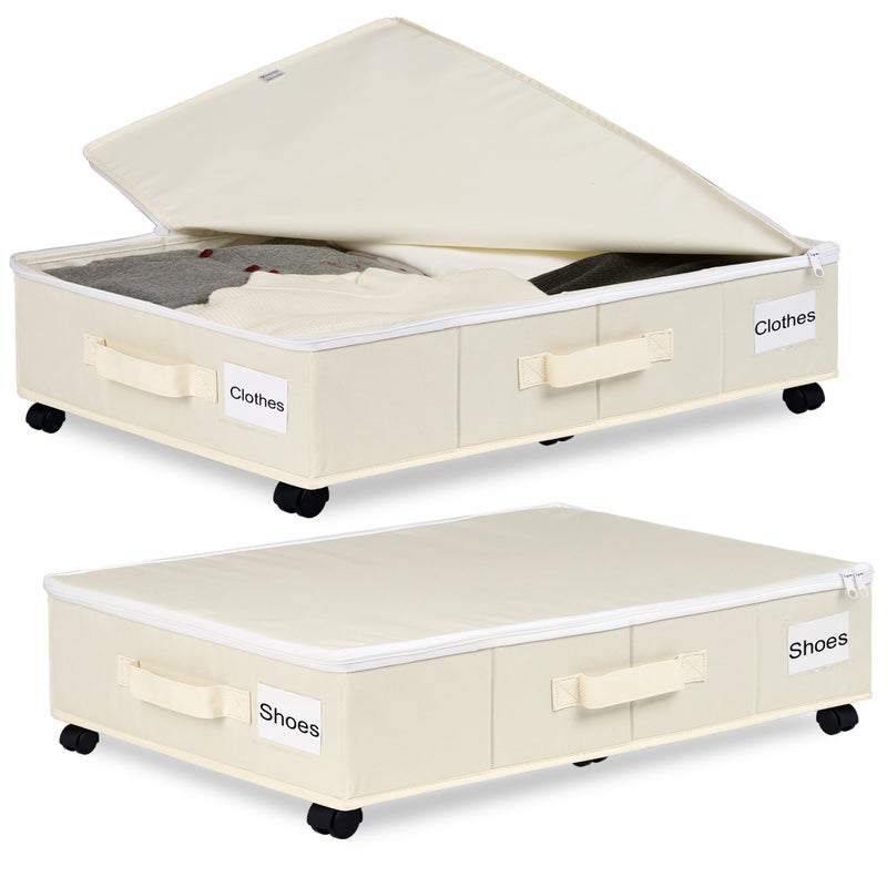 Vincona Under Bed Storage with Wheels, 2 Pack Under Bed Storage Containers with Label Holders for Clothes, Shoes and Blankets, Rolling Underbed Shoe Organizer with Cover, Beige (30.71x15.7x7.28 in) - Image 1