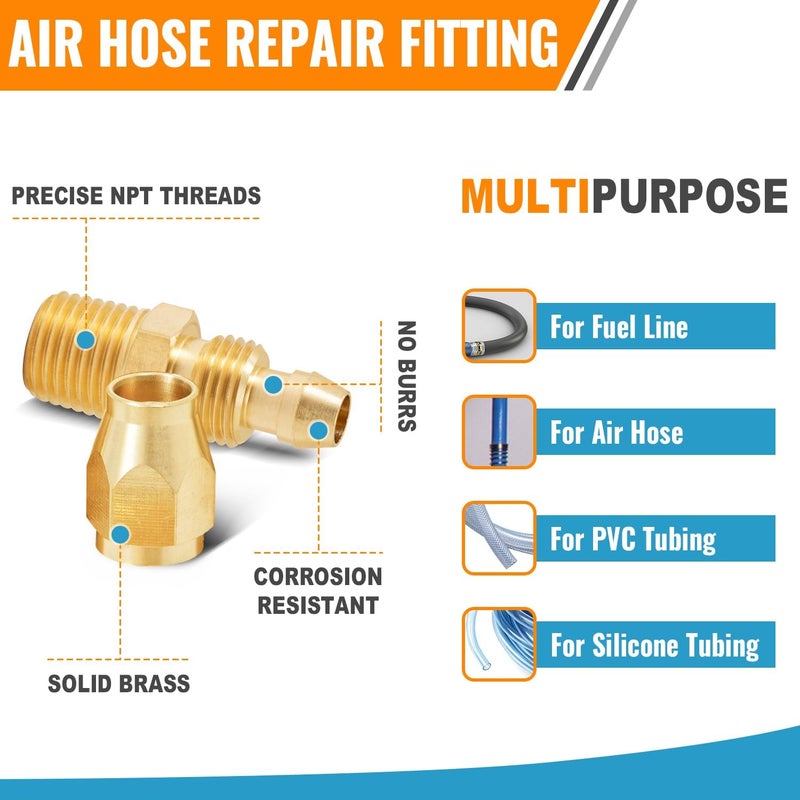 SUNGATOR 6 Pack Brass Pneumatic Replacement Fitting, 1/4 Inch Barb x 1/4 Inch NPT Male Air Hose Splicer with Sealing Tape - Image 5