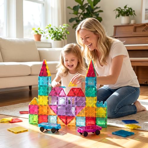 Bmag 130PCS Magnetic Tiles Building Blocks with 2 Cars 3D Clear Magnet Blocks STEM Preschool Toys for 39 Kids Christmas Toddler Gift Compatible with Major Brands - Image 5