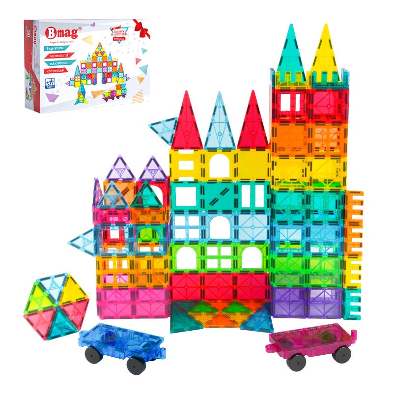 Bmag 130PCS Magnetic Tiles Building Blocks with 2 Cars 3D Clear Magnet Blocks STEM Preschool Toys for 39 Kids Christmas Toddler Gift Compatible with Major Brands - Image 4