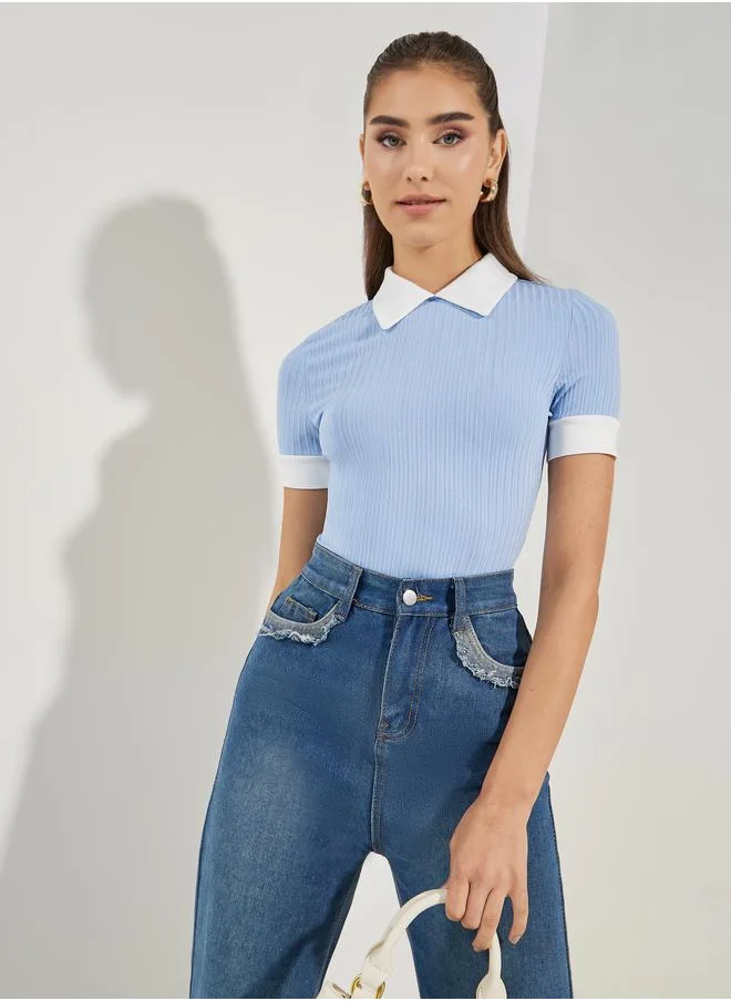 Styli Contrast Collar Ribbed Bodysuit