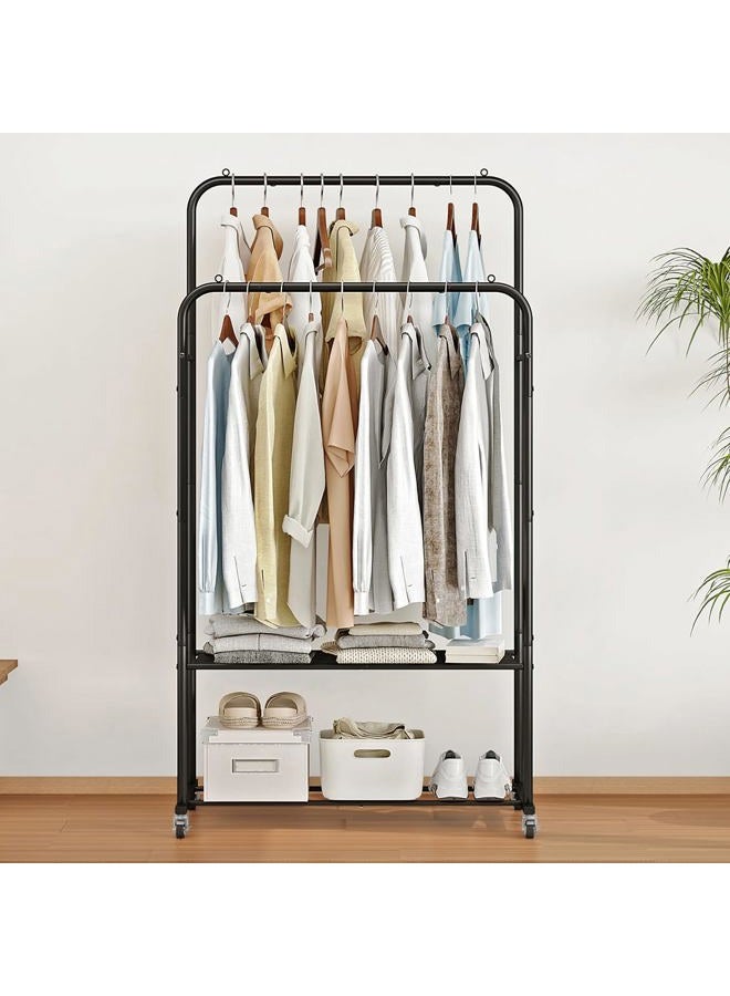 SUOERNUO Clothes Rack with Wheels Garment Rack for Hanging Heavy-Duty Clothing Rack Metal Rolling Clothes Shelves for Bedroom, Closet (Black) - Image 2