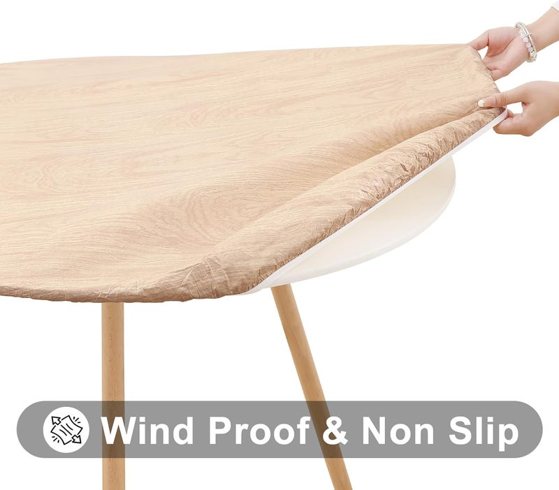 smiry Round Picnic Tablecloth, Waterproof Elastic Fitted Table Covers for 57" - 68" Tables, Wipeable Flannel Backed Vinyl Tablecloths for Camping, Indoor, Outdoor, Beige - Image 3
