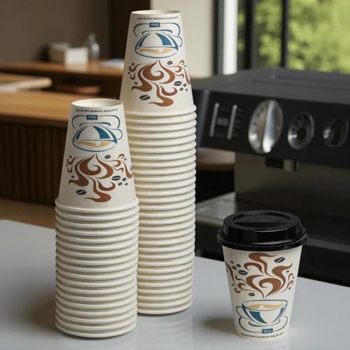 NYHI 12 Oz Hot/Cold Insulated Disposable Coffee Cups with Lids 100 Pack - To Go Coffee Paper Cups with Lids, No Sleeve Needed, Comfortable Grip, Space-Saving Stack, Ideal for Hot or Cold Drinks - Image 2