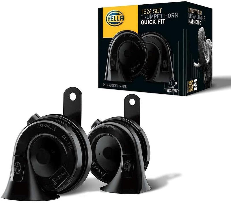 HELLA Fanfare Hella OE-Connect Horn TE26 Set 12 V 110 dB(A) 400 Hz - 500 Hz - High/Low Tone - Electric - ECE - Housing Colour: Black - Quantity: 2-3FH 012 010-121 User friendly optimized build - Image 1