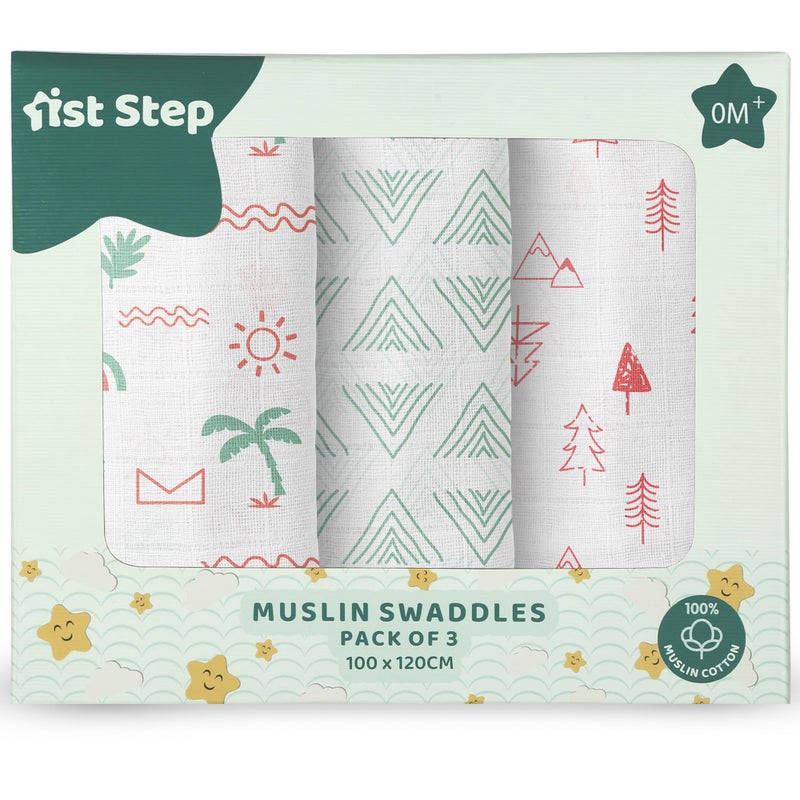 1ST STEP 100% Cotton Muslin Baby Swaddle Set, Pack of 3, Size-120cm x 100cm (47"x39"), (Green) - Image 1