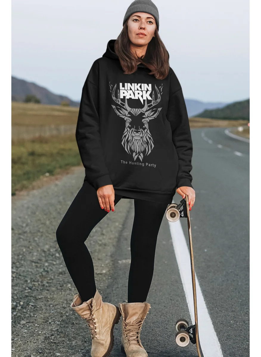 Rock&Roll Geometric Deer Black Oversize Hooded Thick Women's Sweatshirt