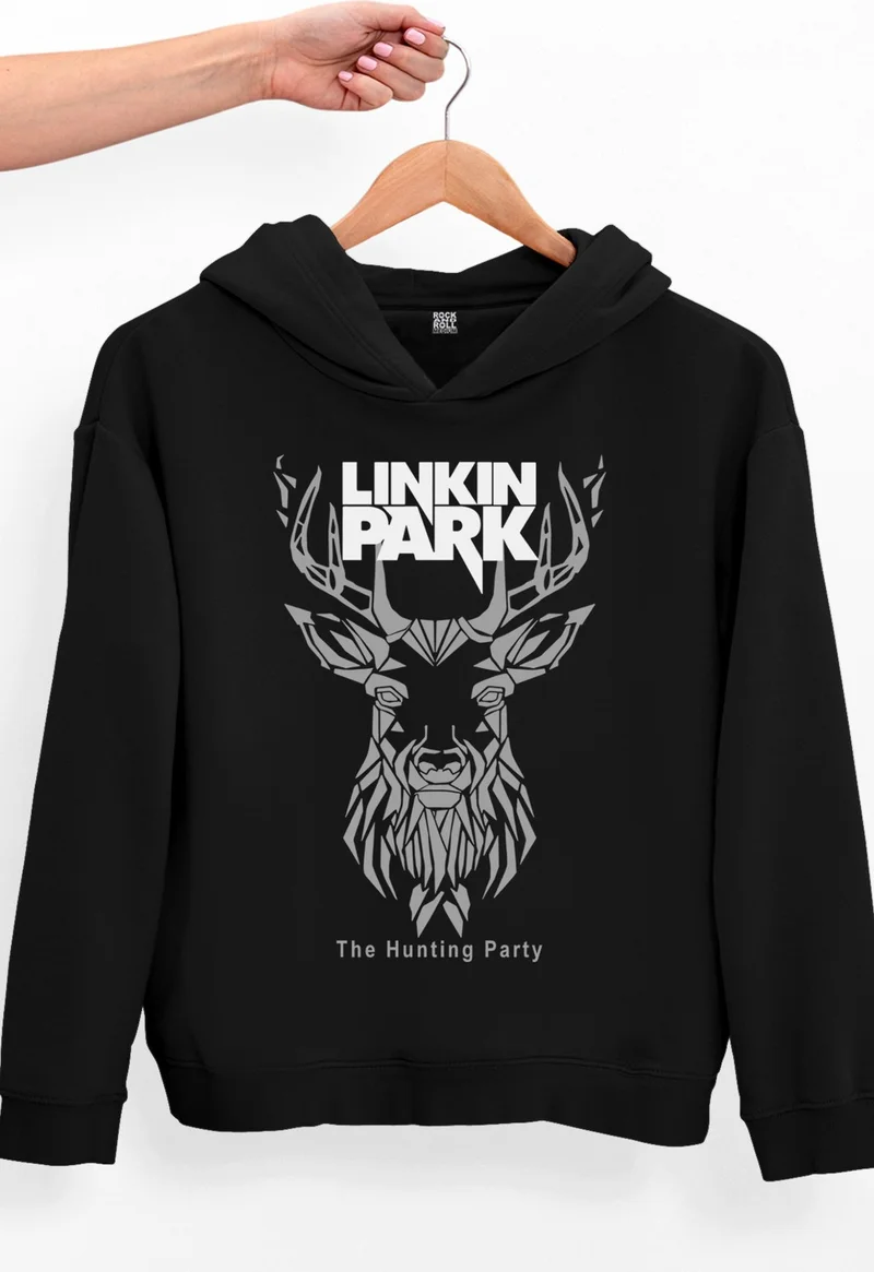 روك اند رول Geometric Deer Black Oversize Hooded Thick Women's Sweatshirt