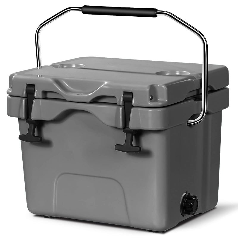 COSTWAY 16 Quart Grey Portable Hard Cooler with 2 Cup Holders 35 Days Ice Retention Heavy Duty Handle and AntiSlip Foot Pads