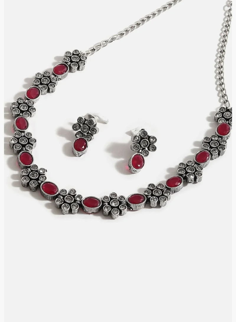 SOHI Silver Plated American Diamond and Designer Stone Party Necklace and Earring Set For Women