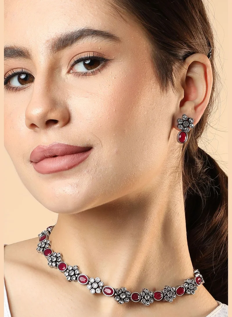 SOHI Silver Plated American Diamond and Designer Stone Party Necklace and Earring Set For Women