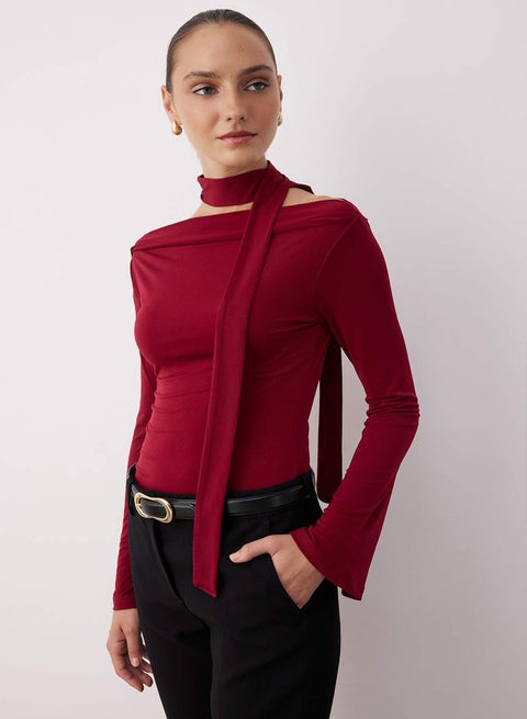 Burgundy Shawl Detailed Fitted/Fits on the Body Flexible Knitted Blouse