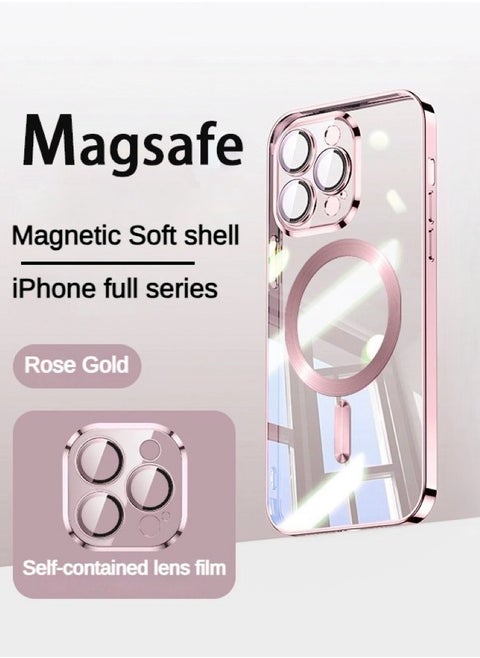 MagSafe Phone Case Magnetic Phone Cover, Built-In Lens Protective Film, Full Shockproof Protection, Anti-Drop and Scratch-Resistant Design, Transparent Back, Slim Phone Protective Case, with Strong Magnet - Rose Gold Color