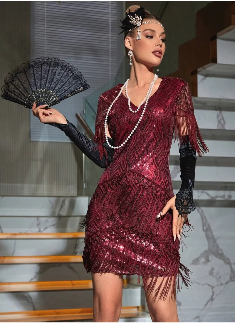 مدام يونيك Women's Burgundy 1920s Sequined Flapper Dress Short Sleeve V Neck Roaring 20s Dress Great Gatsby Party Dance Dresses