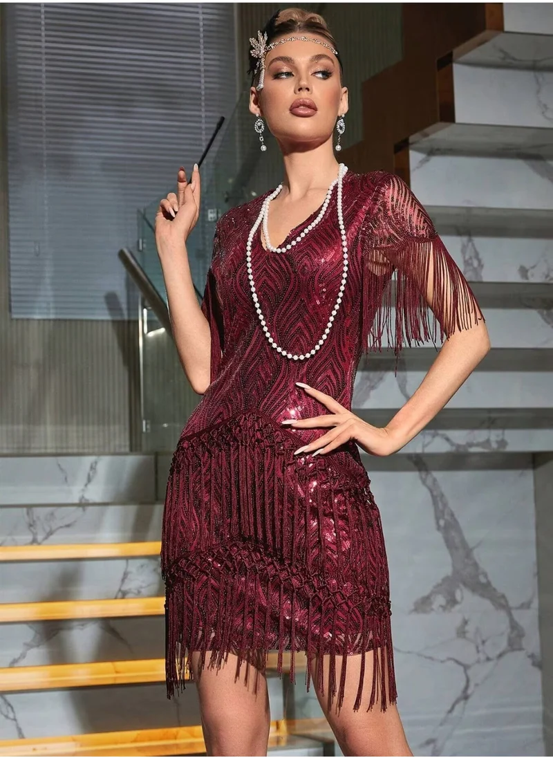 مدام يونيك Women's Burgundy 1920s Sequined Flapper Dress Short Sleeve V Neck Roaring 20s Dress Great Gatsby Party Dance Dresses