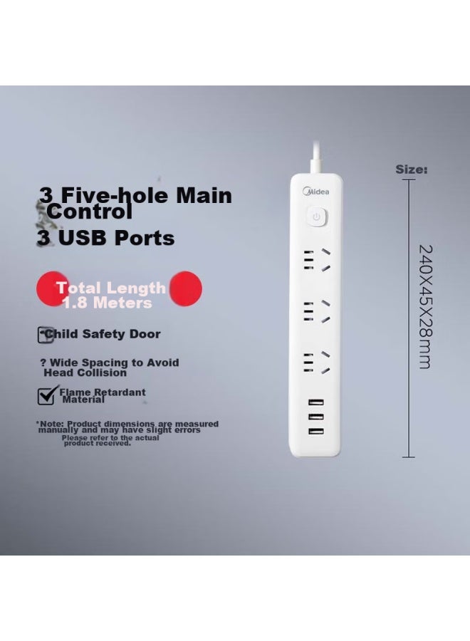 Midea New National Standard Power Strip, Power Bar/extension Cord/power Board/3-outlet Strip With Usb And Master Switch, 1.8m Ep2kc35u3 - Image 1
