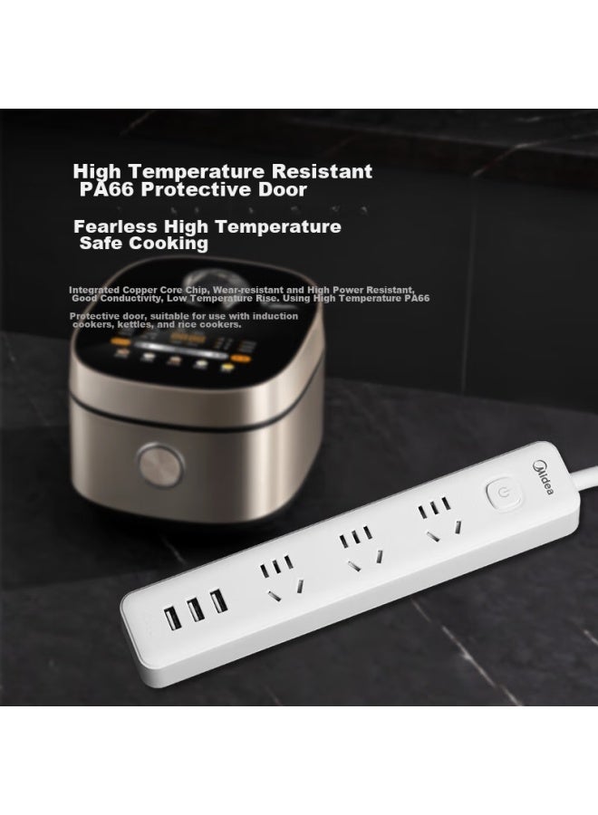 Midea New National Standard Power Strip, Power Bar/extension Cord/power Board/3-outlet Strip With Usb And Master Switch, 1.8m Ep2kc35u3 - Image 2