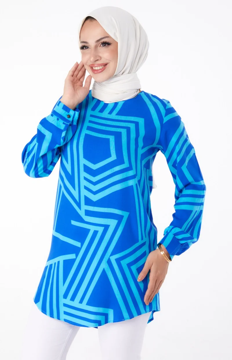 Tofisa Plain Crew Neck Women's Saxe Patterned Tunic - 13278