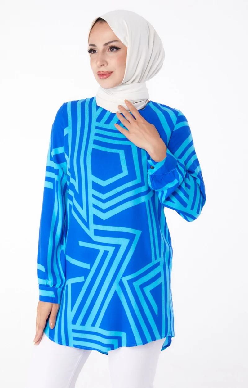 Tofisa Plain Crew Neck Women's Saxe Patterned Tunic - 13278