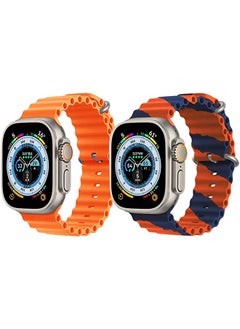 Silicone Ocean Band Strap for Apple Watch Ultra 8 49mm Orange Single Color Strap with Orange/Blue Double Line Strap Set of 2