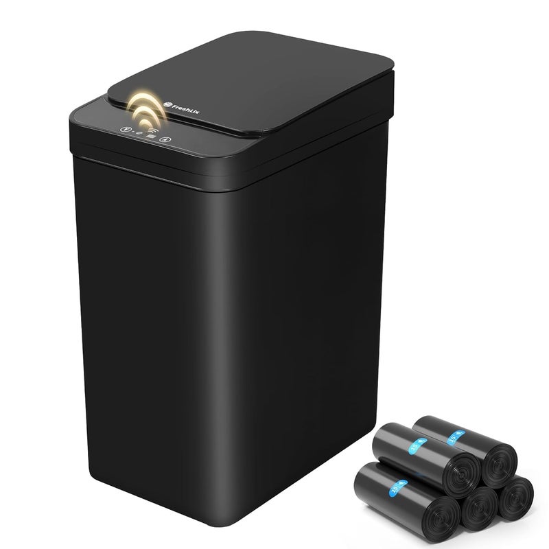 سلة قمامة التلقائية للحمام، سعة 4 جالون، سلة قمامة صغيرة بحساس الحركة بدون لمس مع غطاء، سلة قمامة كهربائية ذكية ضيقة مقاومة للماء لغرفة النوم والمكتب، أسود - Image 1