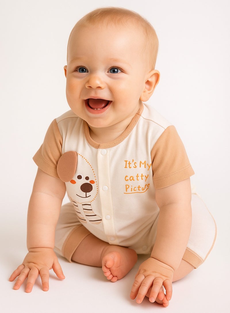 Baby Romper - Short Sleeve Cotton Bodysuit with 3D Puppy Ears, Front Snap Closure, Ultra-Light - For 6-24 Months  - Image 1
