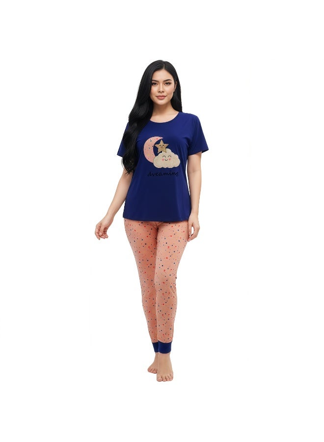 JOANNA Women's Dreaming Print Short Sleeve Shirt & Long Pants Pajama Set, Blue, L - Image 1