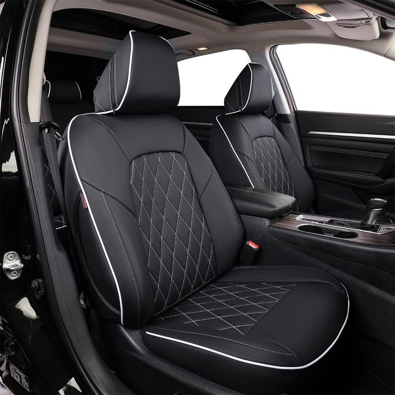 EKR Leather Seat Covers for Nissan Sentra SR & Midnight Edition (2020-2025) - Black with White Piping - Image 1