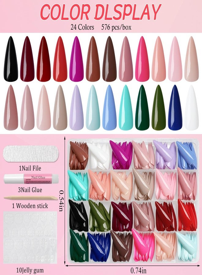 Lifextol 576pc Stiletto Press on Nails Long Fake Nails Press ons Acrylic Nail Press on Nail Stiletto Glue Nails for Women, 24 Color Stick on Nail Tip Artificial Fingernail Presson Nails with Glue&Tab - Image 2