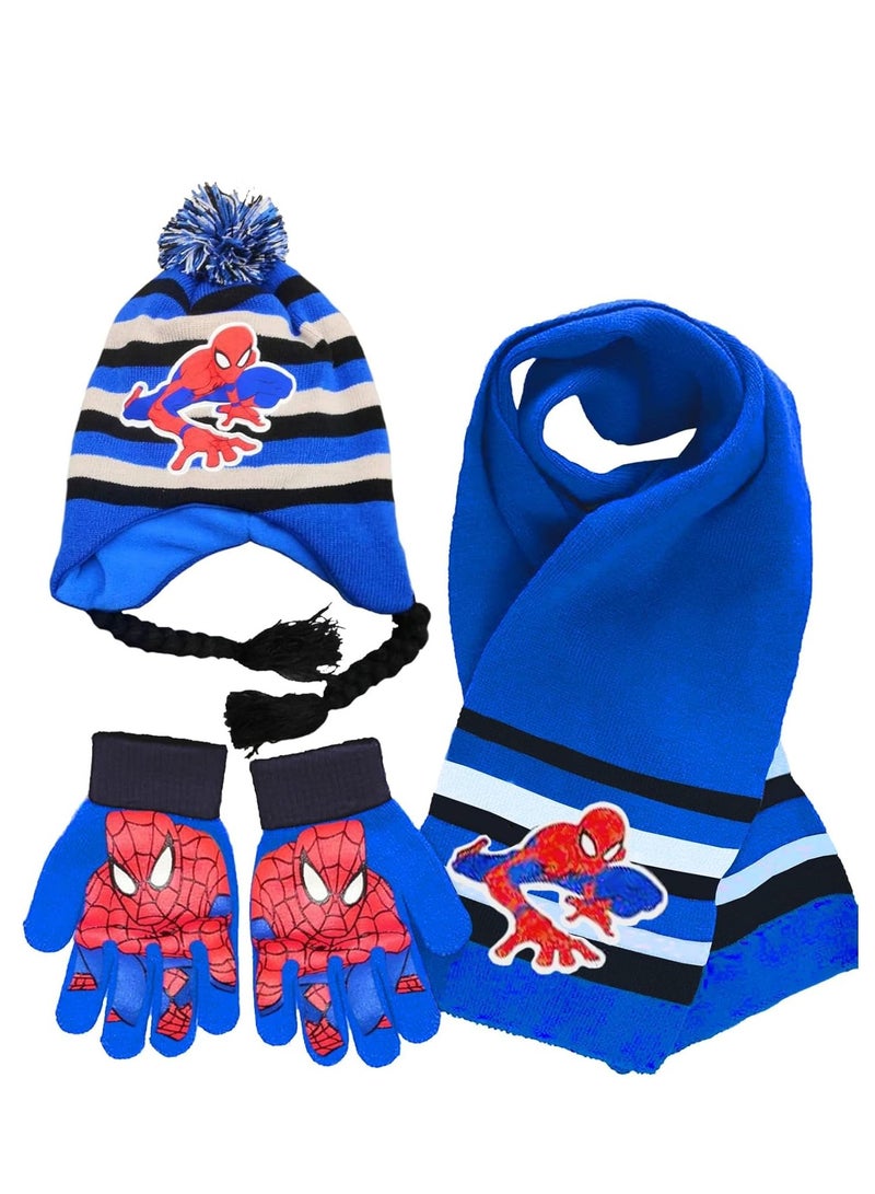 KASTWAVE Kids Winter Warm Hat Scarf Gloves Set, 3Pcs Spiderman Scarf Set, Children's Winter Hat Scarf Gloves Set,Children Winter Autumn Spring Scarf Knitted Hat Combination Set for Children Boys Girls - Image 1