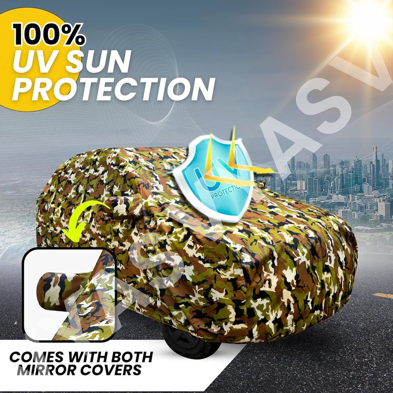 VYAS 100% Waterproof Car Body Cover for MG Hector Plus (2021-2025) with Mirror Pocket Triple Stitched Belt & Buckle Fitting Dual Elastic, Durable Material Jungle Print Camouflage Design - Image 5