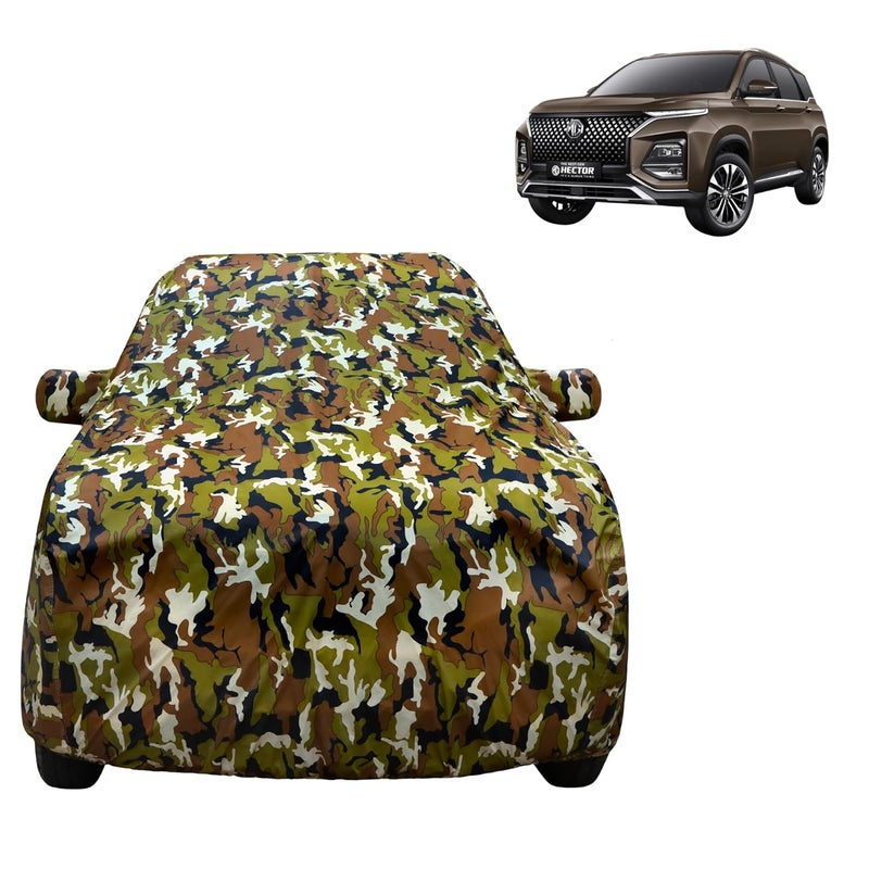 VYAS 100% Waterproof Car Body Cover for MG Hector Plus (2021-2025) with Mirror Pocket Triple Stitched Belt & Buckle Fitting Dual Elastic, Durable Material Jungle Print Camouflage Design - Image 1